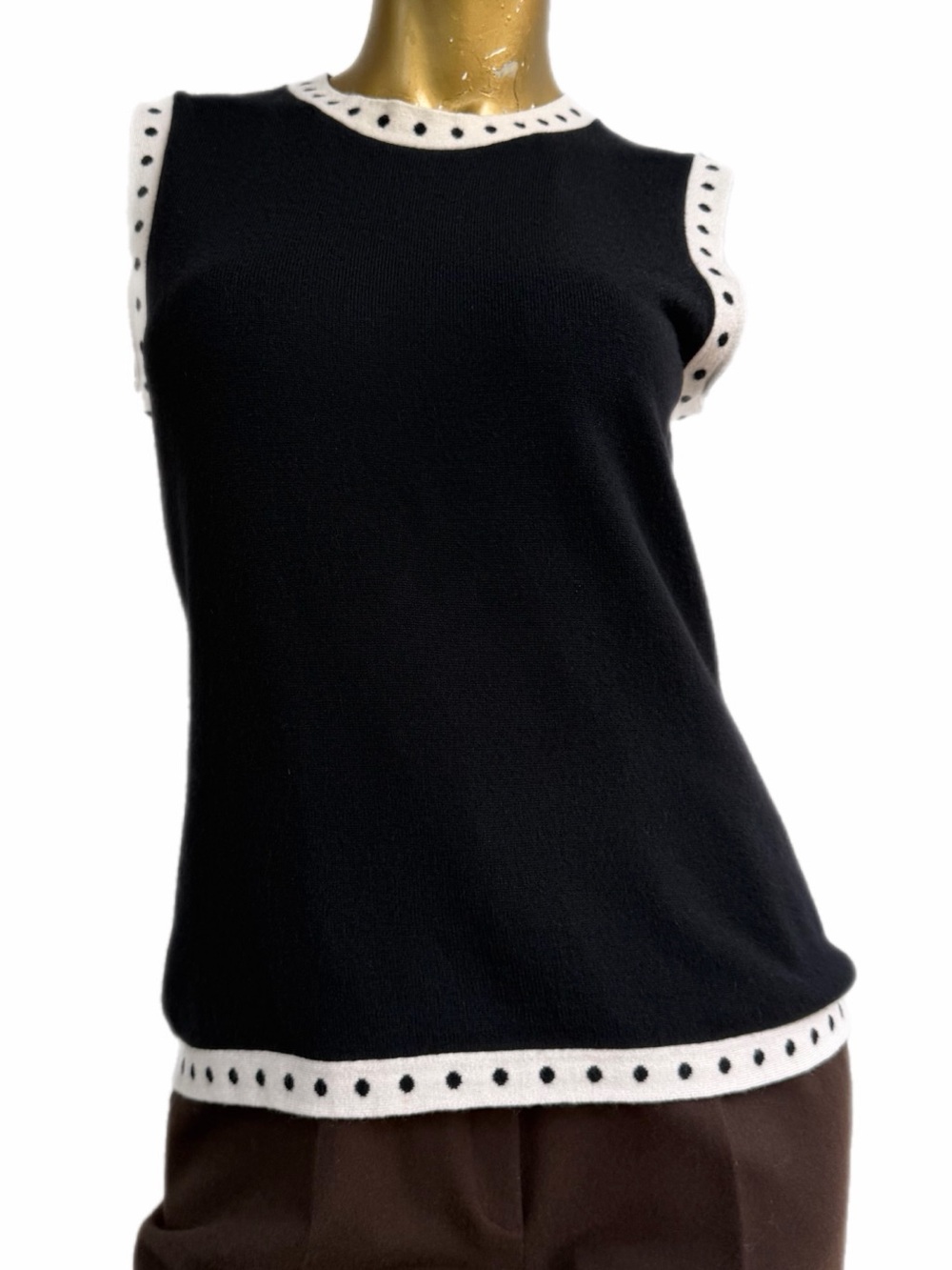 Vintage Neiman Marcus 100% Cashmere Black Sweater Shell Polka Dot Trim L